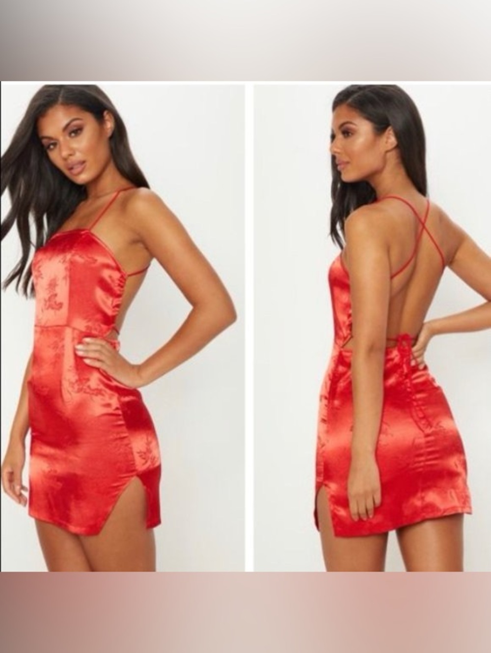 PRETTYLITTLETHING Red Satin Oriental Lace Up Back Bodycon Dress NEW